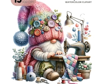 Watercolor Sewing Gnome Clipart PNG Bundle, Quilt Designs