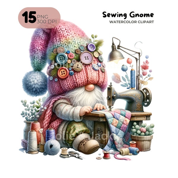 Watercolor Sewing Gnome Clipart PNG Bundle, Sewing Machine, Quilt Gnomes, Gonk Wool, Nursery Decor, Gnome Lovers, Sublimation Designs