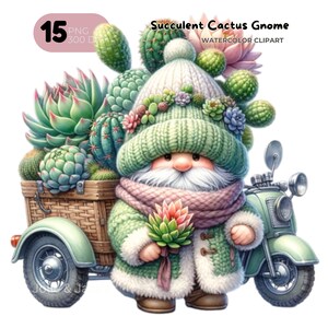Paquete de imágenes prediseñadas de Gnomo de cactus suculento de acuarela Png, imágenes prediseñadas de jardín suculento, gnomo de verano png, Gnomo con flores, diseños de sublimación