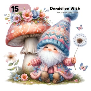 Aquarell Löwenzahn Wunsch Gnome Clipart Bündel Garten Clipart Frühling Gnome png Gnom mit Blumen Sommer Gnom Sublimation