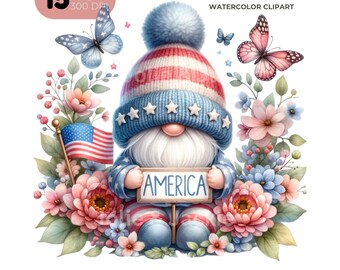 American Gnome Clipart, Patriotic USA Flag (15 PNG)