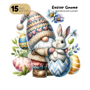 Watercolor Easter Gnome Png Clipart Bundle, Easter Eggs, Garden clipart, Spring gnome png, Gnome With Flowers, Sublimation Designs Downloads