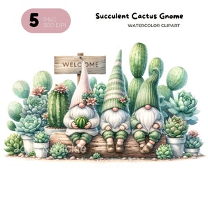Paquete de imágenes prediseñadas de Gnomo de cactus suculento de acuarela Png, imágenes prediseñadas de jardín suculento, gnomo de verano png, Gnomo con flores, diseños de sublimación