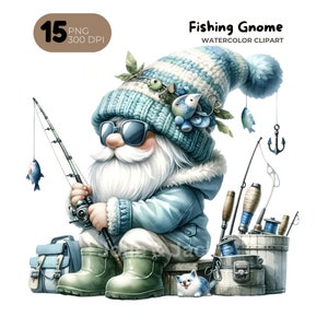 Watercolor Fishing Gnome clipart bundle Png, Fisherman gnome, fly fishing clipart watercolor, bass fishing clipart, Sublimation Designs