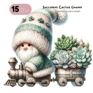 Paquete de imágenes prediseñadas de Gnomo de cactus suculento de acuarela Png, imágenes prediseñadas de jardín suculento, gnomo de verano png, Gnomo con flores, diseños de sublimación