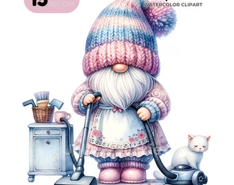 Cleaning Gnomes Watercolor Clipart, Housekeeper PNG (Digital Download)