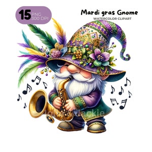 Watercolor Mardi Gras Gnomes Clipart, Festive Gnome PNG, Fleur De Lis Clipart, Beads Necklace, Fat Tuesday PNG, New Orleans Clipart