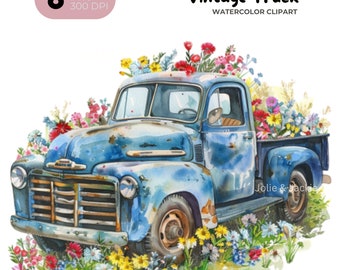Vintage Floral Truck Watercolor Clipart, Retro Truck PNG (Digital Download)