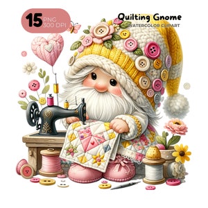 Quilting Clipart, Seamstress ClipArt Quilting Gnome Sewing Machine, Patchwork Junk Journal, Card Making, Gift Tag, Teacher Shirt Nursery Art
