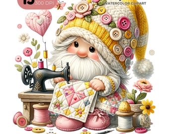 Quilting Gnome Watercolor Clipart, Seamstress Sewing Machine (Digital Download)