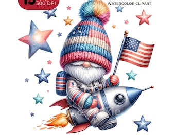 4th of July Gnome Clipart, American Flag PNG, Patriotic Illustration (Digital Download)
