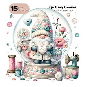 Quilting Clipart, Seamstress ClipArt Quilting Gnome Sewing Machine, Patchwork Junk Journal, Card Making, Gift Tag, Teacher Shirt Nursery Art