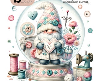 Quilting Gnome Watercolor Clipart, Sewing Machine, Patchwork (Digital Download)