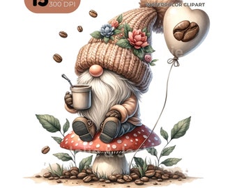 Koffiekabouter aquarel clipart, koffieliefhebber png (digitale download)
