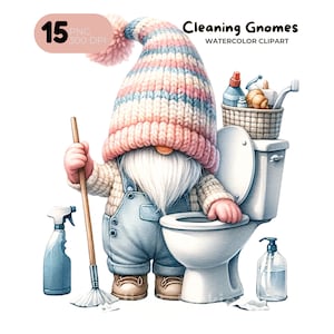 Schoonmaken van kabouters clipart, wasdag, schoonmaak planner stickers illustraties, gnome PNG, karwei clipart, lente schoon huis, commercieel gebruik