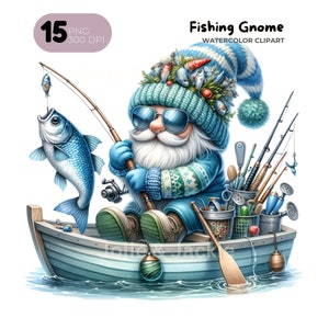 Watercolor Fishing Gnome clipart bundle Png, Fisherman gnome, fly fishing clipart watercolor, bass fishing clipart, Sublimation Designs