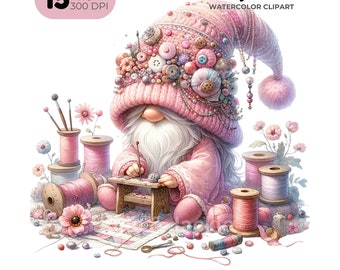 Quilting Gnome Watercolor Clipart, Sewing Machine, Patchwork (Digital Download)