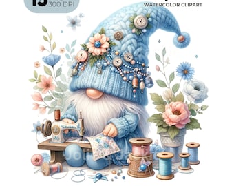 Quilting Gnome Watercolor Clipart, Sewing Machine, Patchwork (Digital Download)