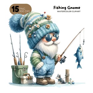Watercolor Fishing Gnome clipart bundle Png, Fisherman gnome, fly fishing clipart watercolor, bass fishing clipart, Sublimation Designs