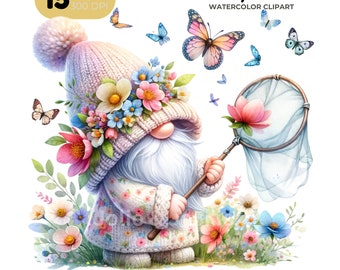 Butterfly Gnomes Watercolor Clipart, Spring Wildflowers PNG Bundle (Digital Download)