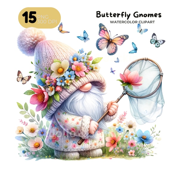 Butterfly Gnomes Clipart PNG Bundle, Spring Butterfly Gonk Summer Wildflowers Watercolor Clipart for Commercial Use Spring Gnomes Clipart