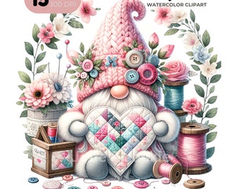Quilting Gnome Watercolor Clipart, Patchwork Sewing (Digital Download)