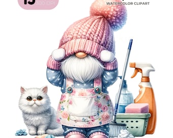 Cleaning Gnomes Watercolor Clipart, Housekeeper PNG (Digital Download)