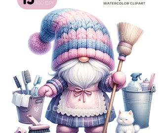 Cleaning Gnomes Clipart, Housekeeper Gnome PNG (Digital Download)
