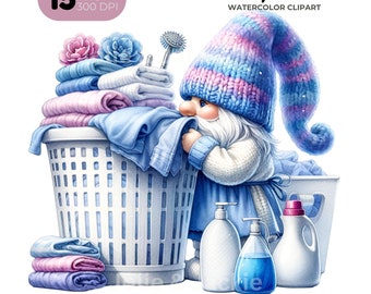 Watercolor Laundry Gnome Clipart, Nursery Art (PNG Digital Download)