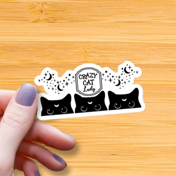 Black Cat, Witchy Crazy Cat Lady Waterproof Glossy Sticker, Celestial Cat Vinyl Sticker, Halloween Sticker, Gothic Decal, Occult, Wicca Gift