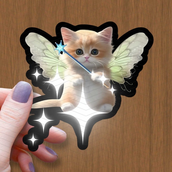 Fairy Cat Waterproof Glossy Sticker, Cottagecore Vinyl Sticker, Kitten Stickers, Gift for Kids, Fairytale Decal, Cat Lover Gift, Baby Shower