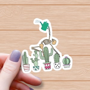 The Skeleton Gardener Waterproof Glossy Sticker, Cactus Lover Sticker, Halloween Sticker, Skeleton Vinyl Stickers, Plant Lovers, Green Thumb
