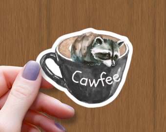 Raccoon in Coffee Cup Sticker: Waterproof Glossy Vinyl Decal