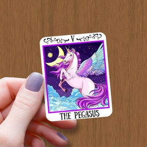 Der Pegasus Tarot Karte wasserdichter glänzender Aufkleber, mystisches geflügeltes Pferd Vinyl-Aufkleber, Tarot-Aufkleber, Geschenk für Einhorn-Liebhaber, verzauberter Aufkleber