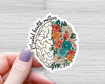 Mental Gesundheit Matters Aufkleber: Florales Gehirn, positives Zitat Aufkleber