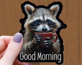 Raccoon with Coffee Waterproof Glossy Vinyl Sticker