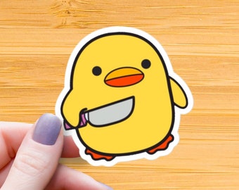Yellow Duck with Knife Sticker: Funny Meme, Waterproof Glossy Vinyl