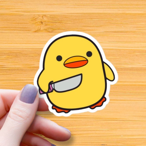 Yellow Duck With Knife Waterproof Glossy Sticker, Funny Meme Sticker, Halloween Vinyl Sticker, Funny Animal Sticker, Duck Lover Gift, Goose