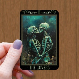 La tarjeta del tarot de los amantes pegatina brillante impermeable, pegatinas de vinilo de pintura al óleo de esqueleto, pegatina de Halloween, calcomanía de bruja, regalo para el mejor amigo