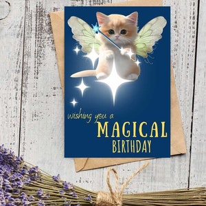 Ik wens je een magische verjaardagswenskaart, Fairy Cat verjaardagskaart, Fairy verjaardagscadeau, handgemaakte kaart, kaart voor haar, meisje verjaardagskaart