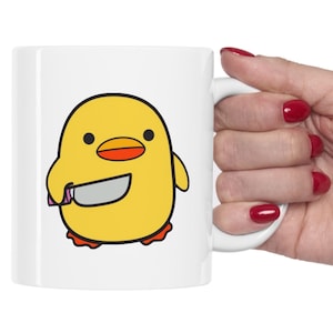 Yellow Duck with Knife Coffee Mug, 11 oz, 15 oz, Funny Meme Mug, Halloween Tea Cup, Funny Goose Mugs, Chicken Lover Gifts, Best Friend Gift