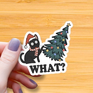 ブラックキャットホワット防水光沢ステッカー、クリスマスステッカー、猫好きビニールステッカー、サンタクロースステッカー、クリスマスギフト、ホリデーデカール