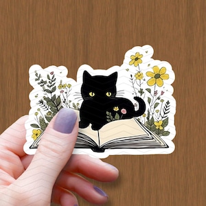 Black Floral Kitten on Book Waterproof Glossy Sticker, Cute Baby Black Cat Vinyl Stickers, Book Lover Decal, Bookworm Gift, Kindle Stickers