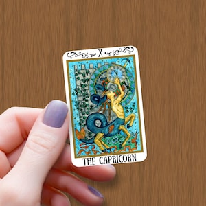 La carta del tarot del zodiaco de Capricornio Pegatina brillante impermeable, Pegatina de vinilo del Horóscopo de Capricornio, Calcomanía de cartas del Tarot, Pegatina de regalo para el mejor amigo