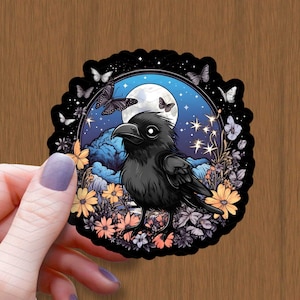 Witchy Moon Floral Raven Waterproof Glossy Sticker, Baby Raven Vinyl Sticker, Halloween Sticker, Witchy Decal, Raven Lover Gift, Cottagecore