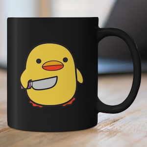 Yellow Duck with Knife Coffee Black Mug, 11 oz, 15 oz, Funny Meme Mug, Halloween Tea Cup, Funny Goose Mugs, Chicken Lover Gifts, Friend Gift