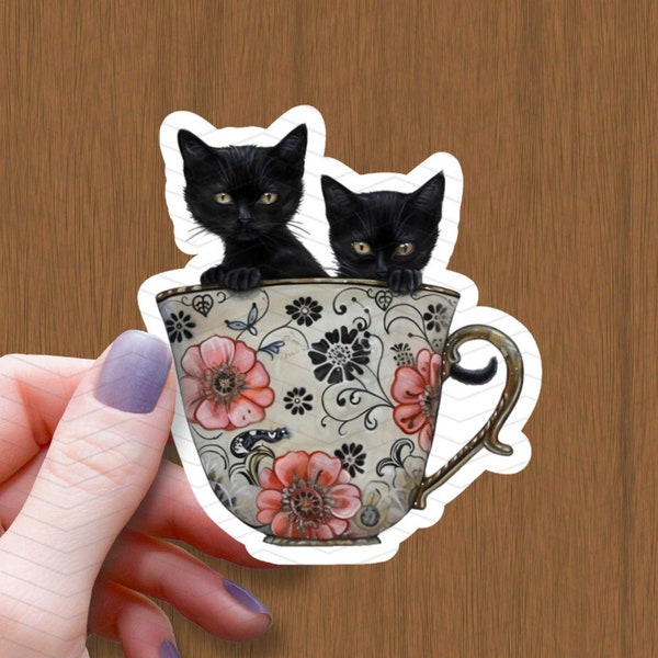 Tea Cup Black Kittens Waterproof Glossy Sticker, Witchy Black Cat Vinyl Stickers, Halloween Sticker, Black Cat Decal, Cat Lover Gift, Teacup