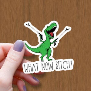 Dinosaur with Grasper Waterproof Glossy Sticker, What Now B*tch Vinyl Stickers, T-Rex with Arm Extenders Decal, Funny Meme Dinosaur Gift