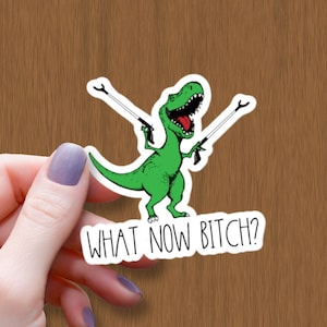 Adesivo lucido impermeabile con dinosauro con pinza, adesivi in vinile What Now B*tch, decalcomania T-Rex con estensori per braccia, regalo divertente con meme sui dinosauri