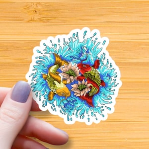 Koi Fish Waterproof Glossy Sticker, Cottagecore Vinyl Sticker, Yin Yang Sticker, Fish Lover Decal, Aquarium Stickers, Scarlet and Gold Koi